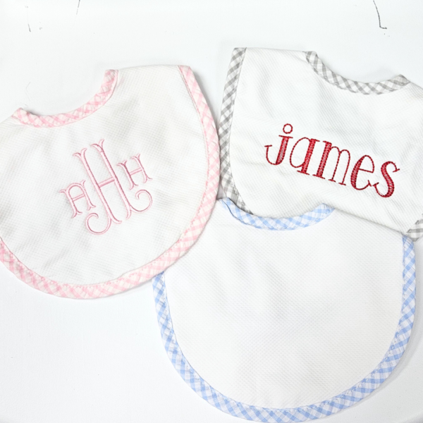 Baby Bib - White with Gray Gingham Trim - Image 2